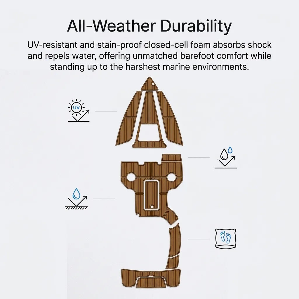 Infographic explaining all-weather durability features including UV-resistance, water-repelling closed-cell structure, and comfort.