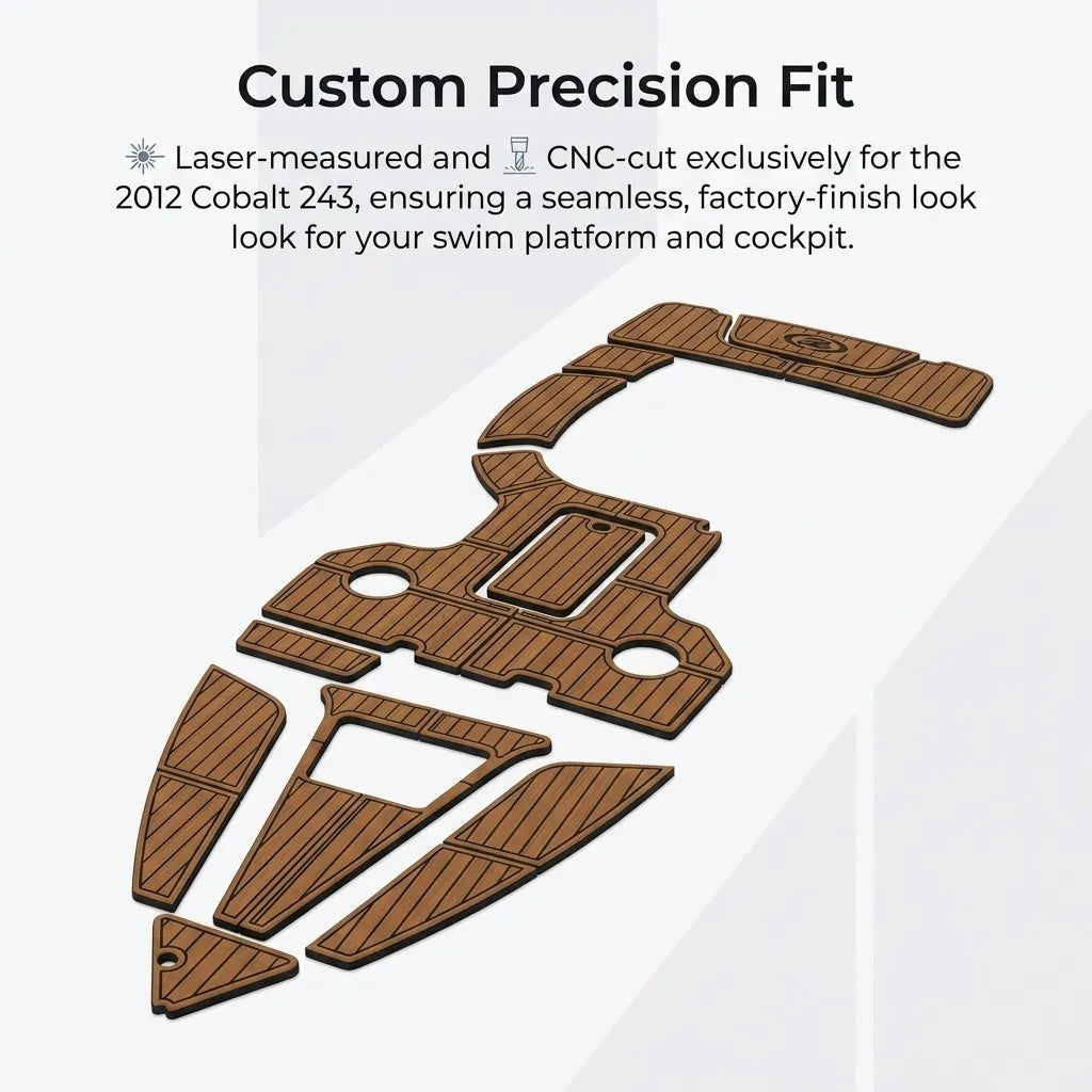 Diagram displaying precision custom laser-measured and CNC-cut EVA foam mat for the 2012 Cobalt 243 swim platform and cockpit.
