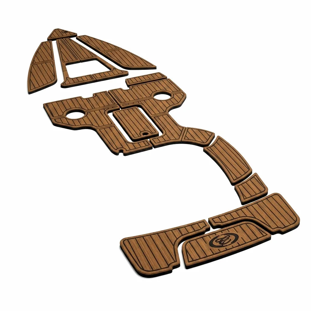 Premium dual-layer brown and black faux teak marine EVA foam decking mat layout tailored for 2012 Cobalt 243.
