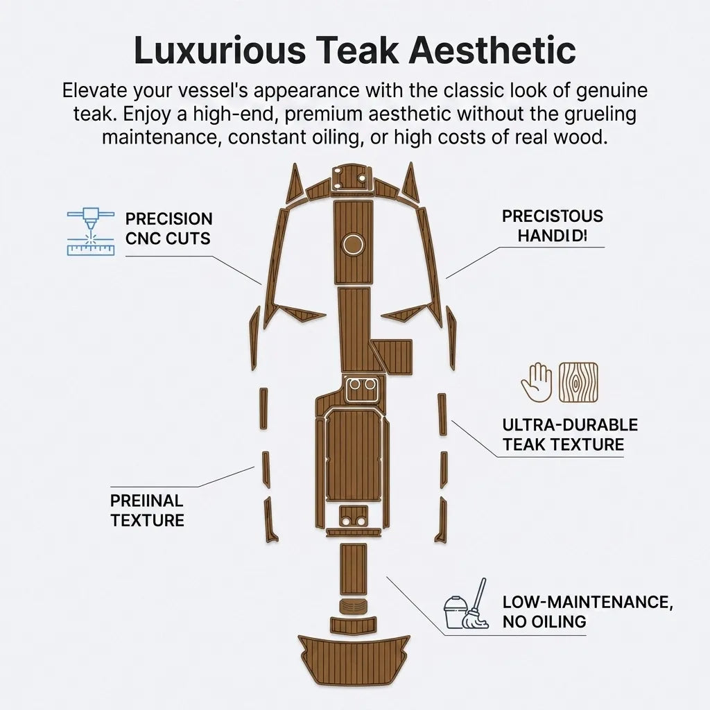 Features infographic outlining the faux-teak aesthetic benefits of high-durability marine foam, showing ultra-durable texture and low maintenance requirements compared to real wood.