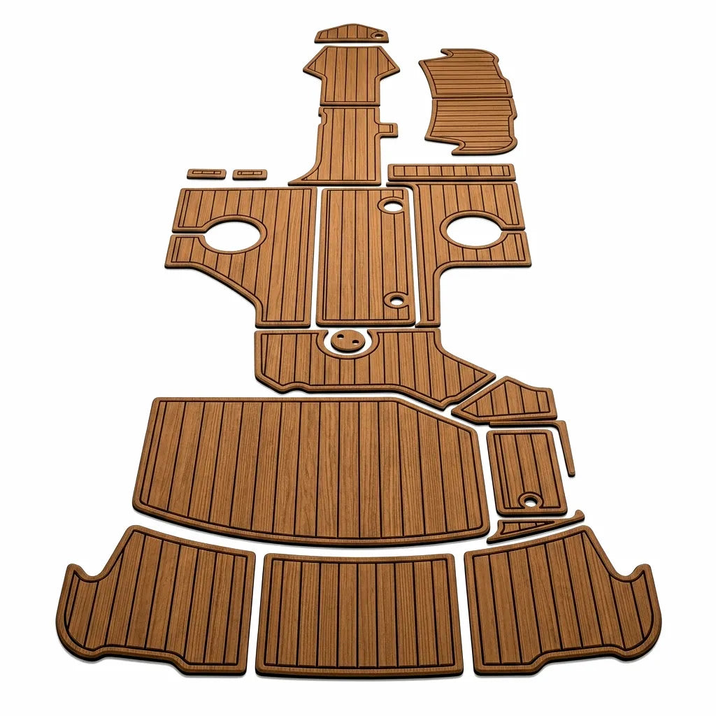 Complete 2018 Sea Ray 250 SLX EVA foam faux teak decking kit laid out on a clean white background, showcasing precision CNC-cut brown over black marine non-skid panels.