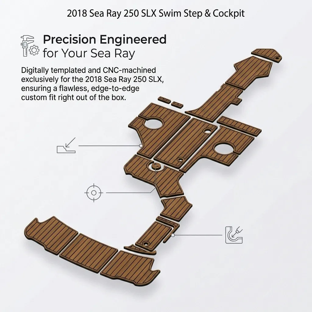 Diagram detailing the precision engineered, CNC-machined layout custom fitted for the 2018 Sea Ray 250 SLX swim step and cockpit.