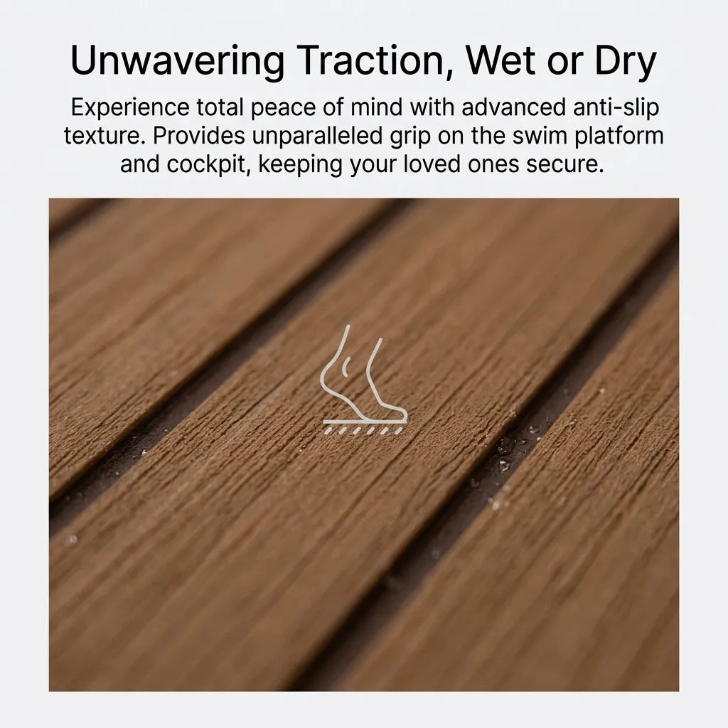 Macro view of water droplets on the high-traction brushed faux teak EVA foam deck texture showing non-slip grooved finish.