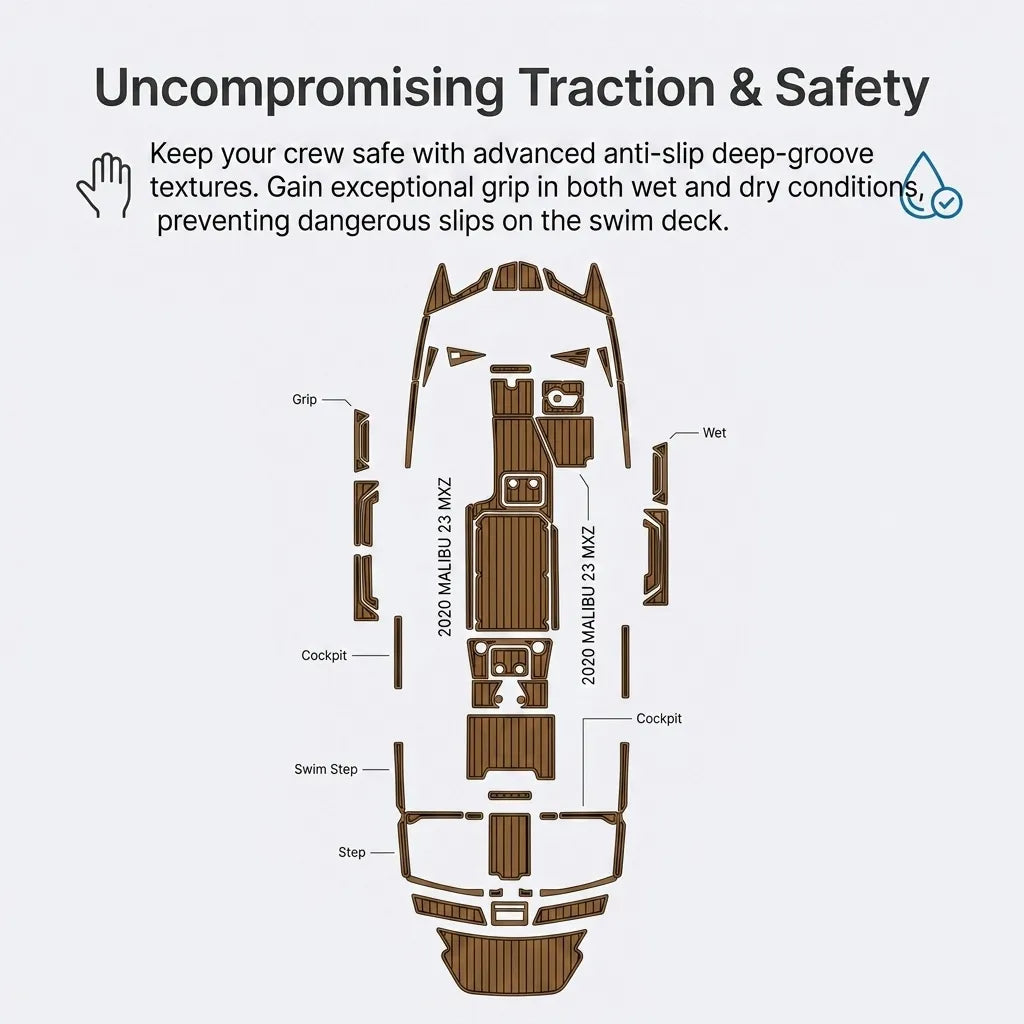 Infographic schematic marking the grip, cockpit, and swim step parts of the Malibu 23 MXZ kit.
