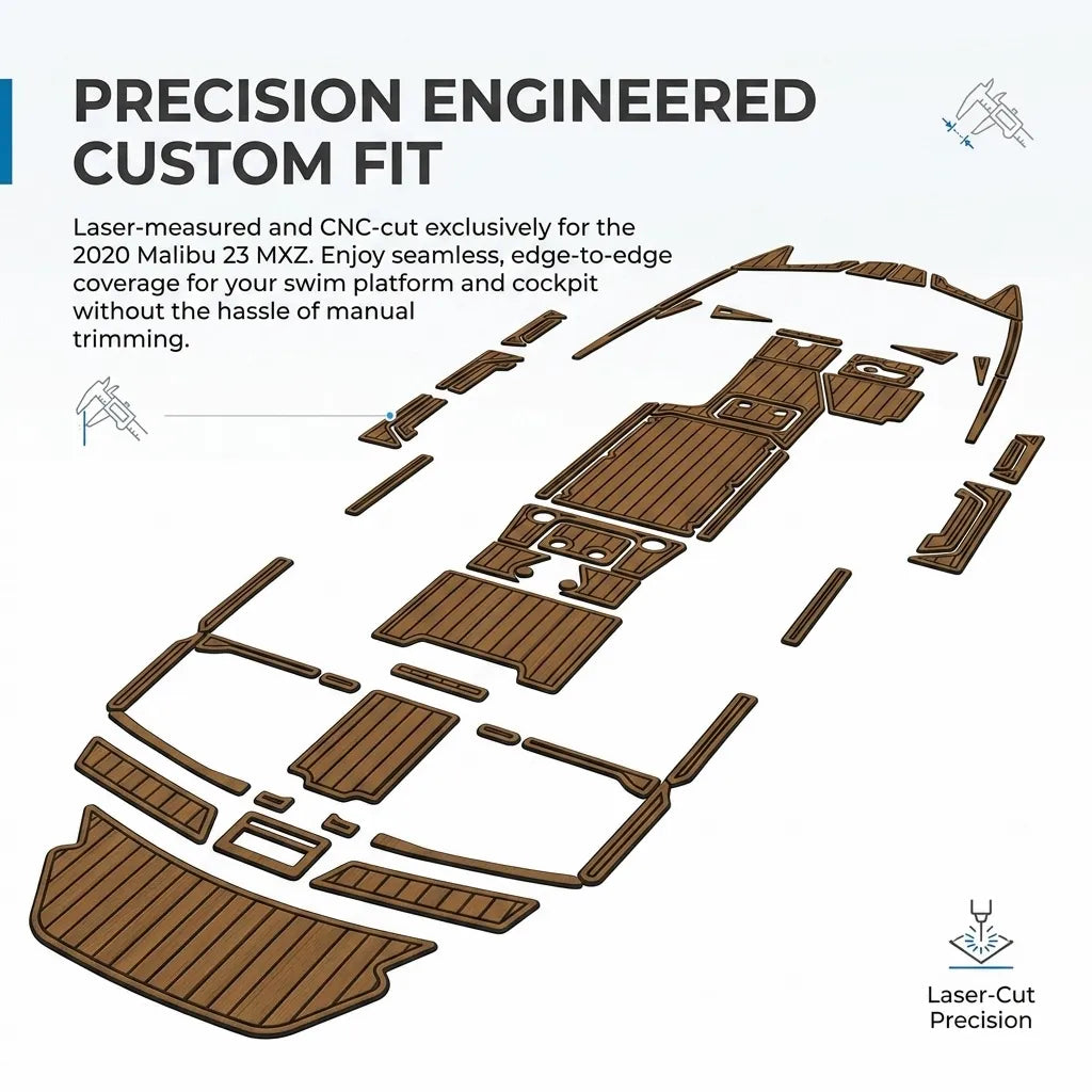 Infographic demonstrating laser-cut CNC precision fit tailored for 2020 Malibu 23 MXZ cockpit.