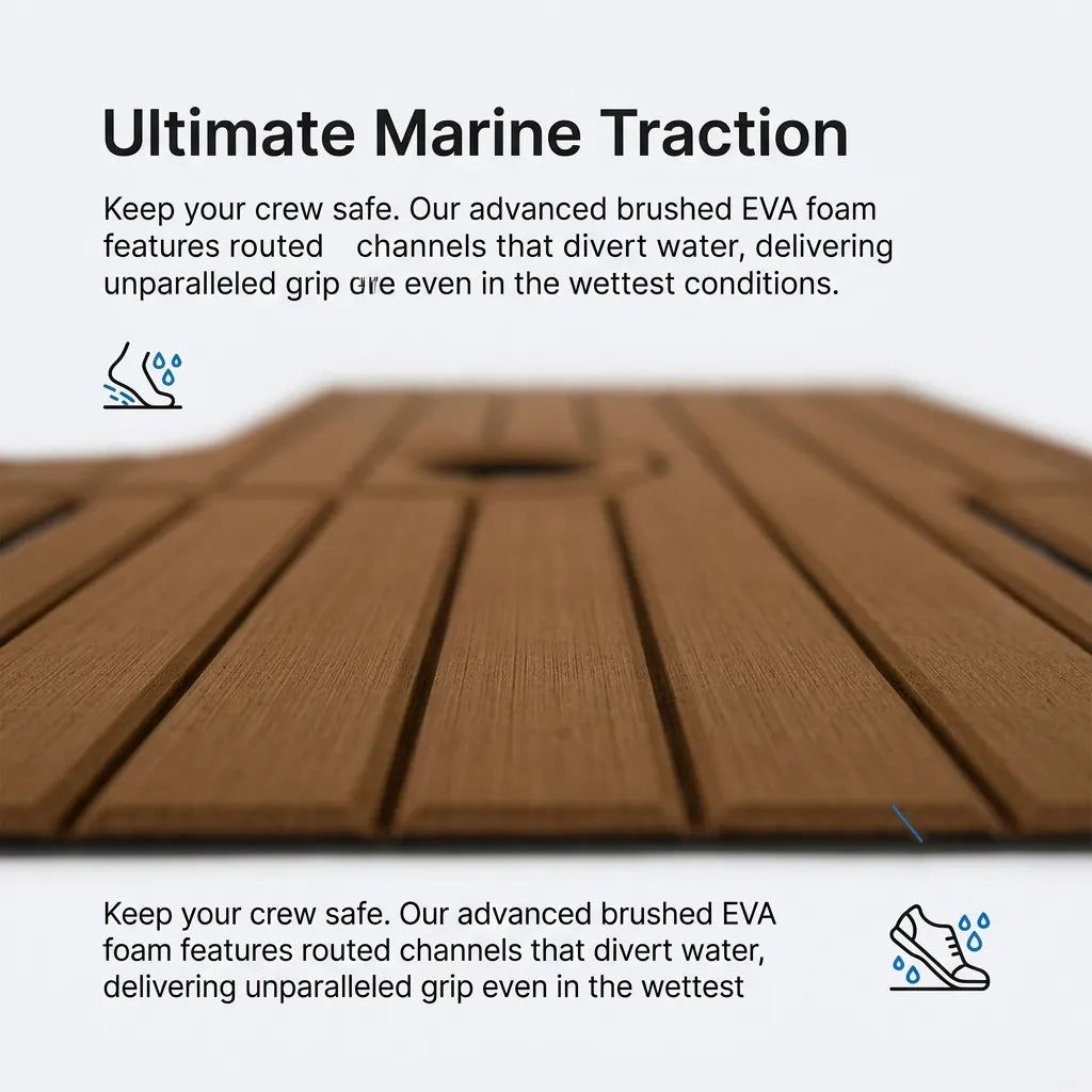 Macro close-up view of brushed marine-grade EVA foam showing CNC routed water drainage channels for maximum traction.