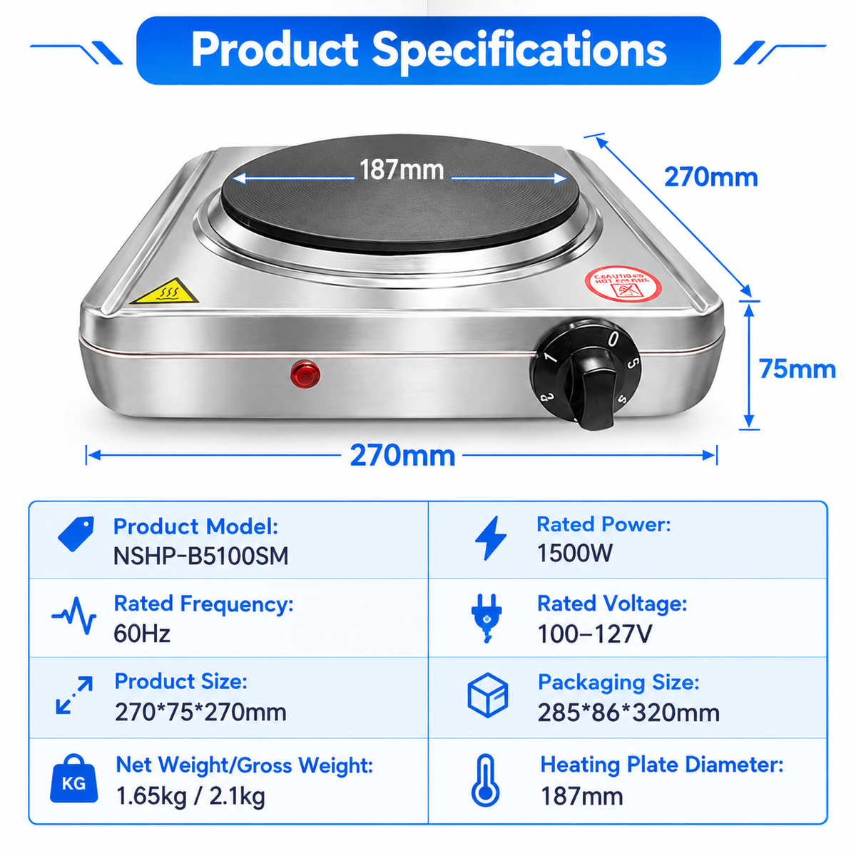 Airrow Marine 1500W Electric Hot Plate - Brushed Stainless Steel Solid Cooktop 110V