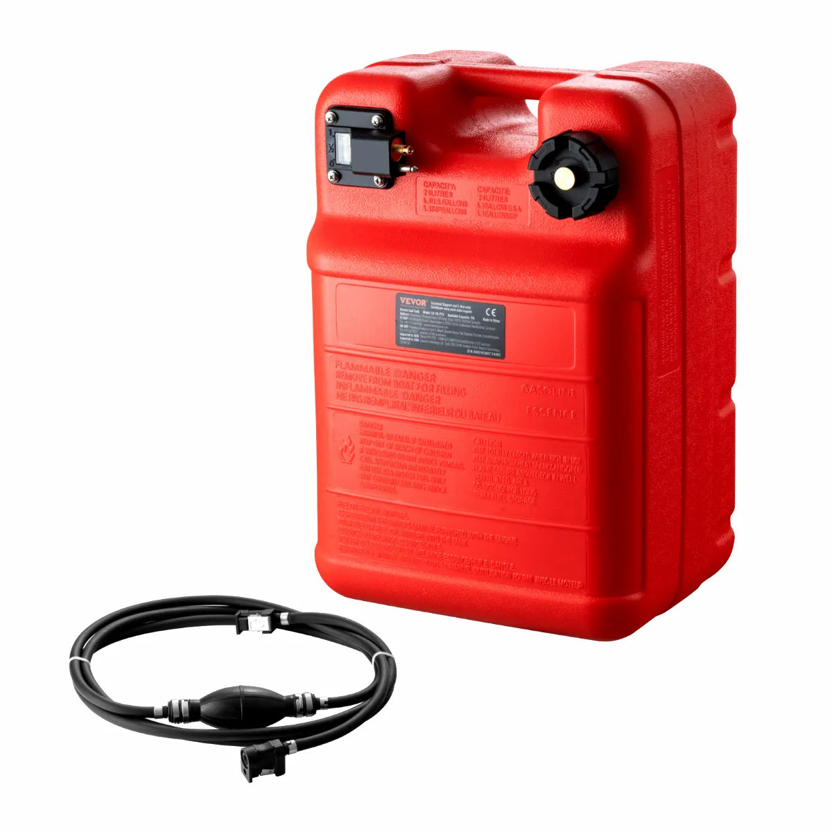 Airow Marine 24-Liter red HDPE portable fuel tank with 9.8-foot fuel line and external bulb pump, isolated on white background.