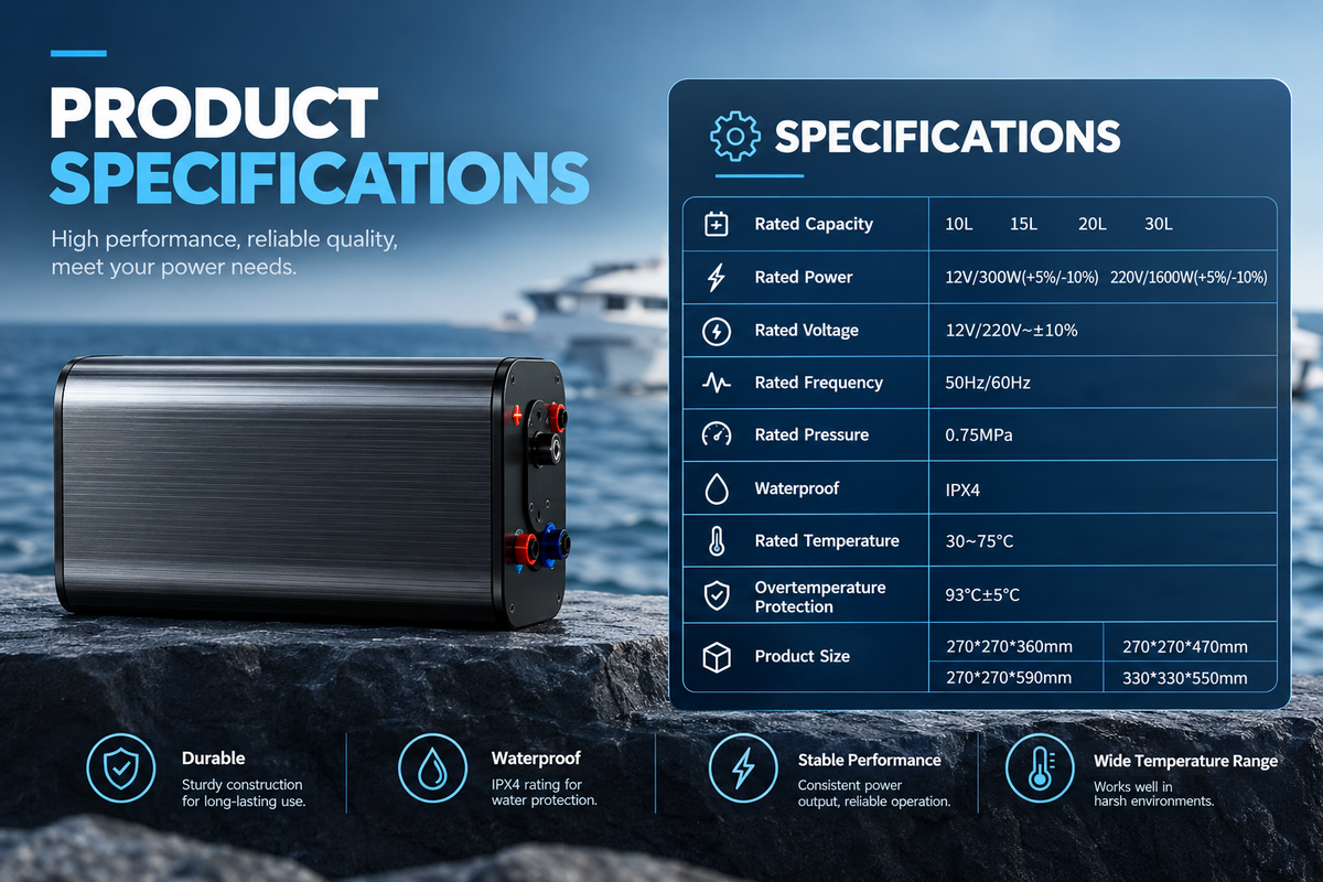Marine Electric Water Heater - Dual Voltage (12V/220V) - 10-30L Capacity