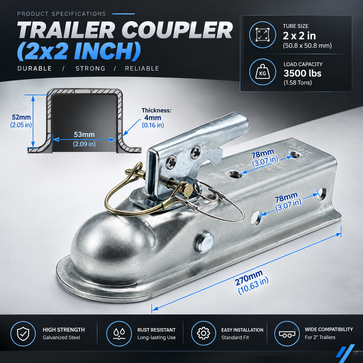 Airow Marine 3500lb Galvanized Steel Trailer Coupler - 2-Inch Ball Fit