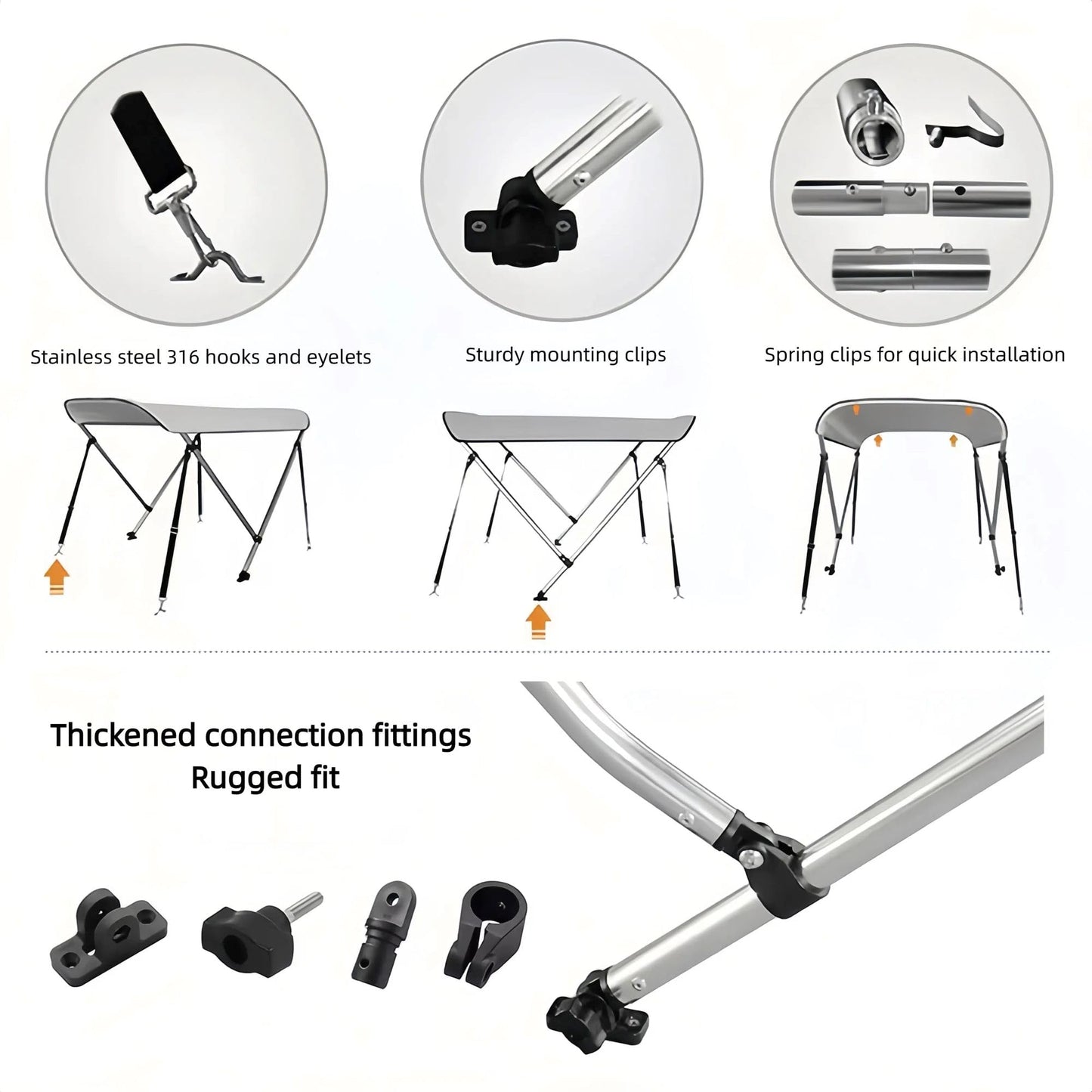 Capa para barco bimini 2BOW, cobertura para barco em tecido Oxford 600D com estrutura em tubo redondo de liga de alumínio, proteção solar à prova de chuva e água para barcos de assalto, navios e iates