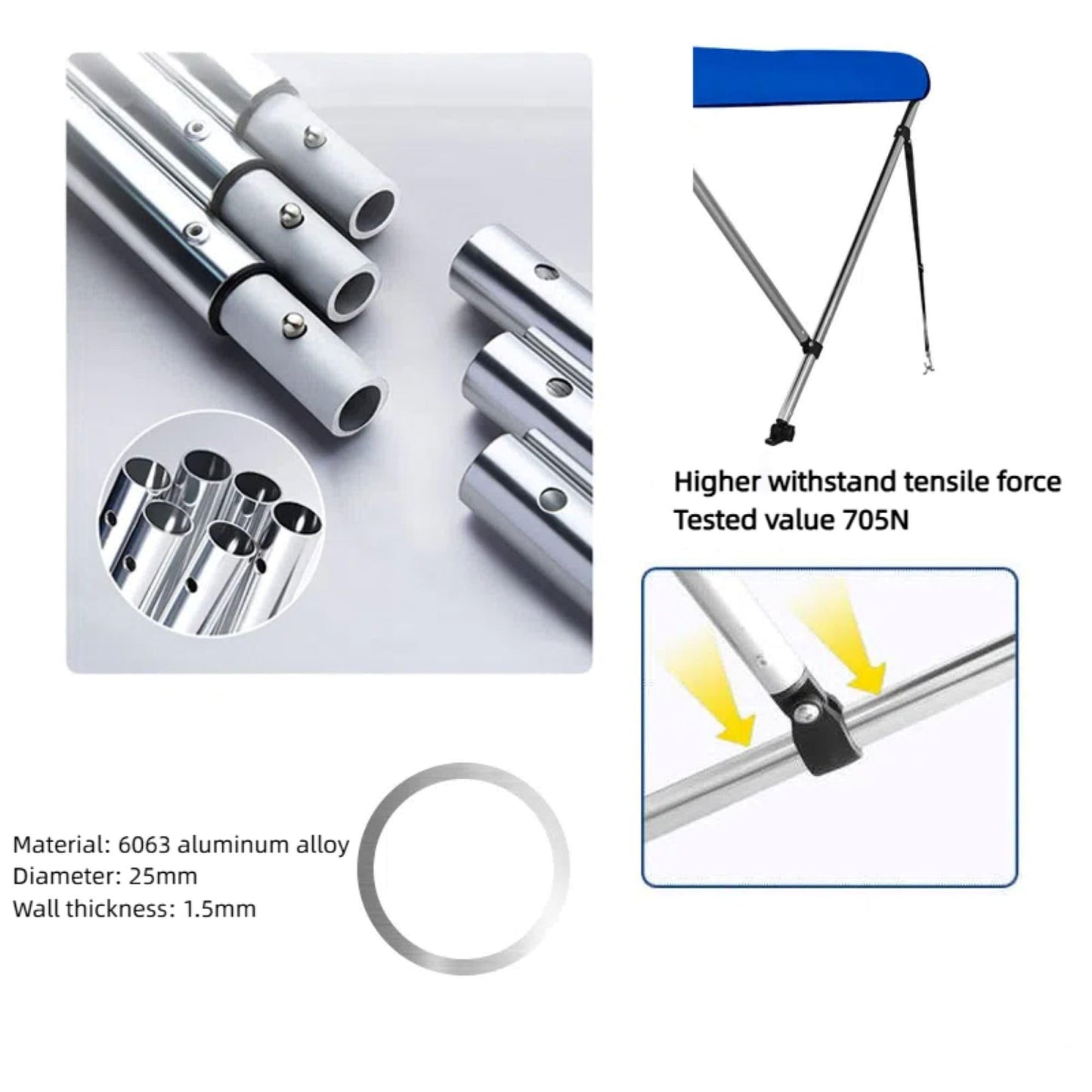 Capa para barco bimini 2BOW, cobertura para barco em tecido Oxford 600D com estrutura em tubo redondo de liga de alumínio, proteção solar à prova de chuva e água para barcos de assalto, navios e iates