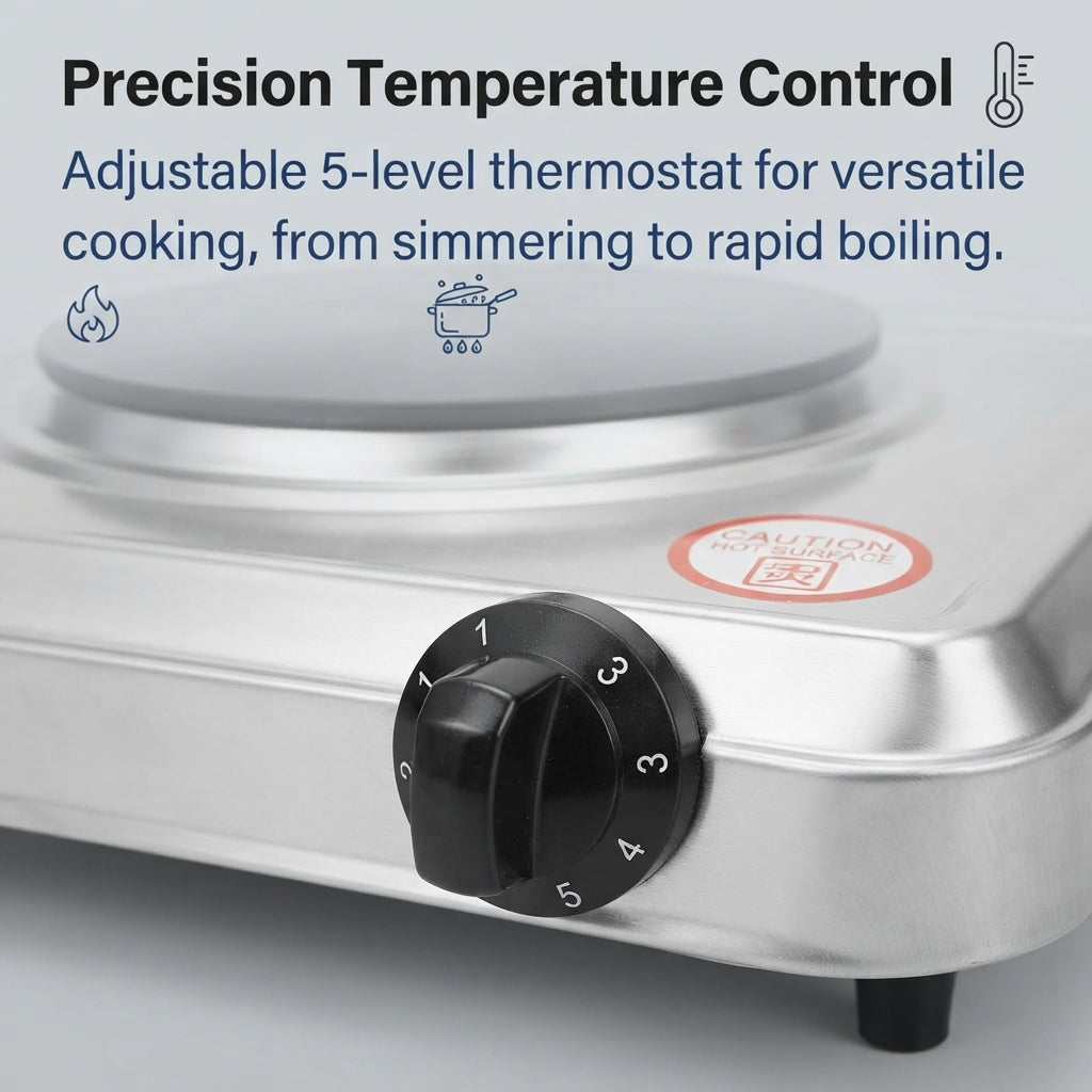 Airrow Marine 1500W Electric Hot Plate - Brushed Stainless Steel Solid Cooktop 110V