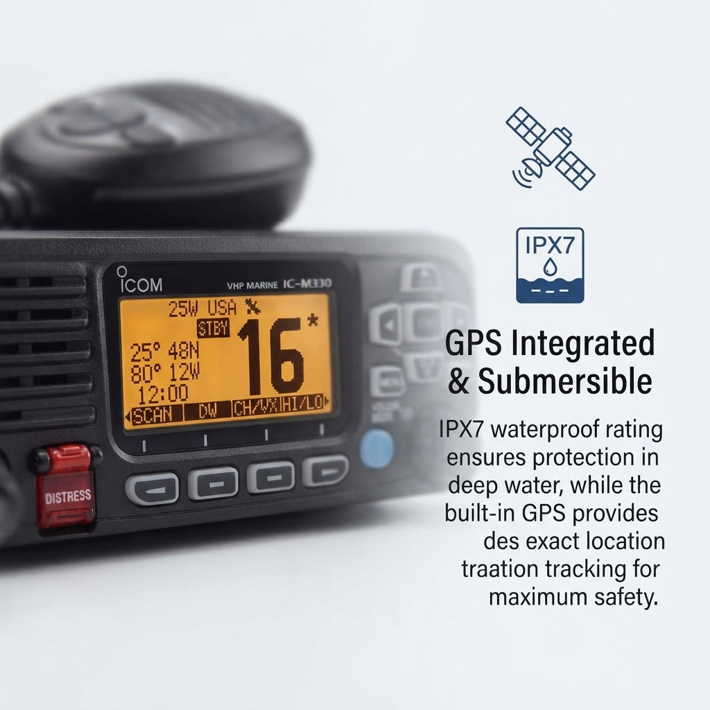 ICOM IC-M330G VHF Marine Radio - 25W High-Power, Integrated GPS, IPX7 Waterproof