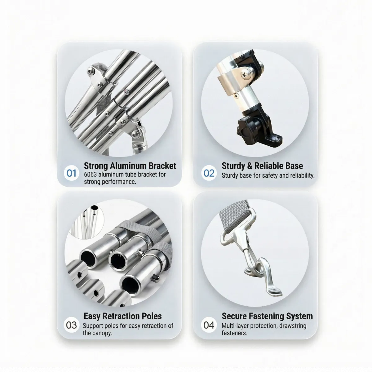 Four-panel grid showing the 6063 aluminum bracket, sturdy base, easy retraction poles, and secure fastening system with stainless steel hardware.