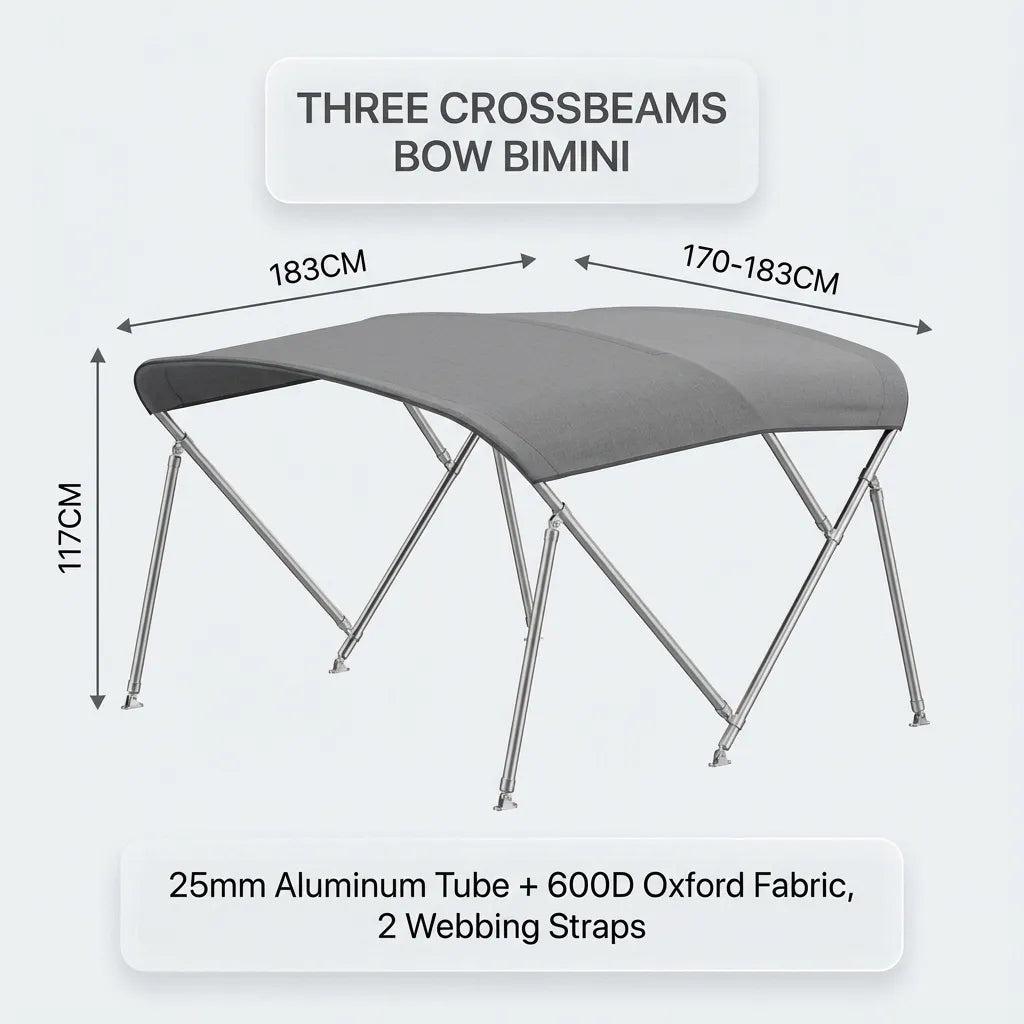 Diagram showing product dimensions: 183cm length, 117cm height, and an adjustable width of 170-183cm with 25mm aluminum tube specs.