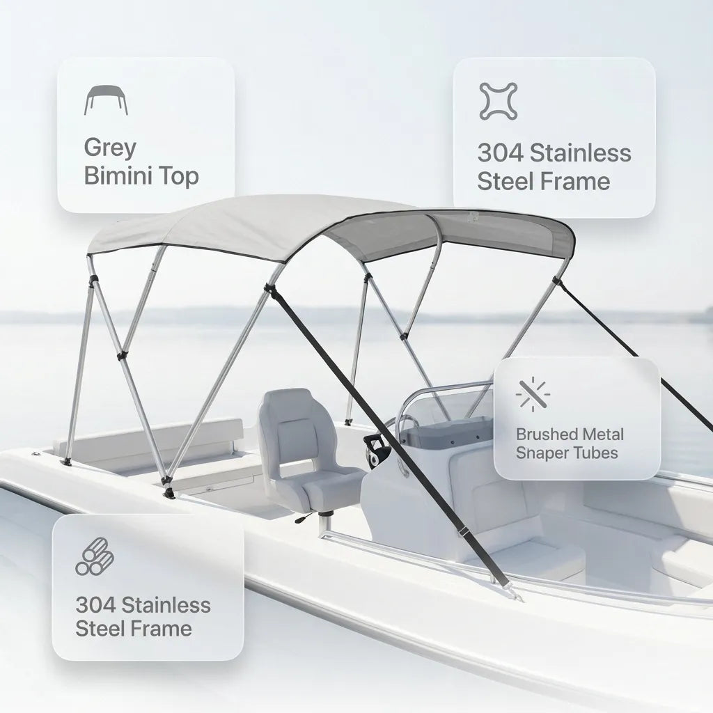 A 3-bow bimini top installed on a white motorboat cabin area showing the grey canopy and stainless steel support poles against a lake background.