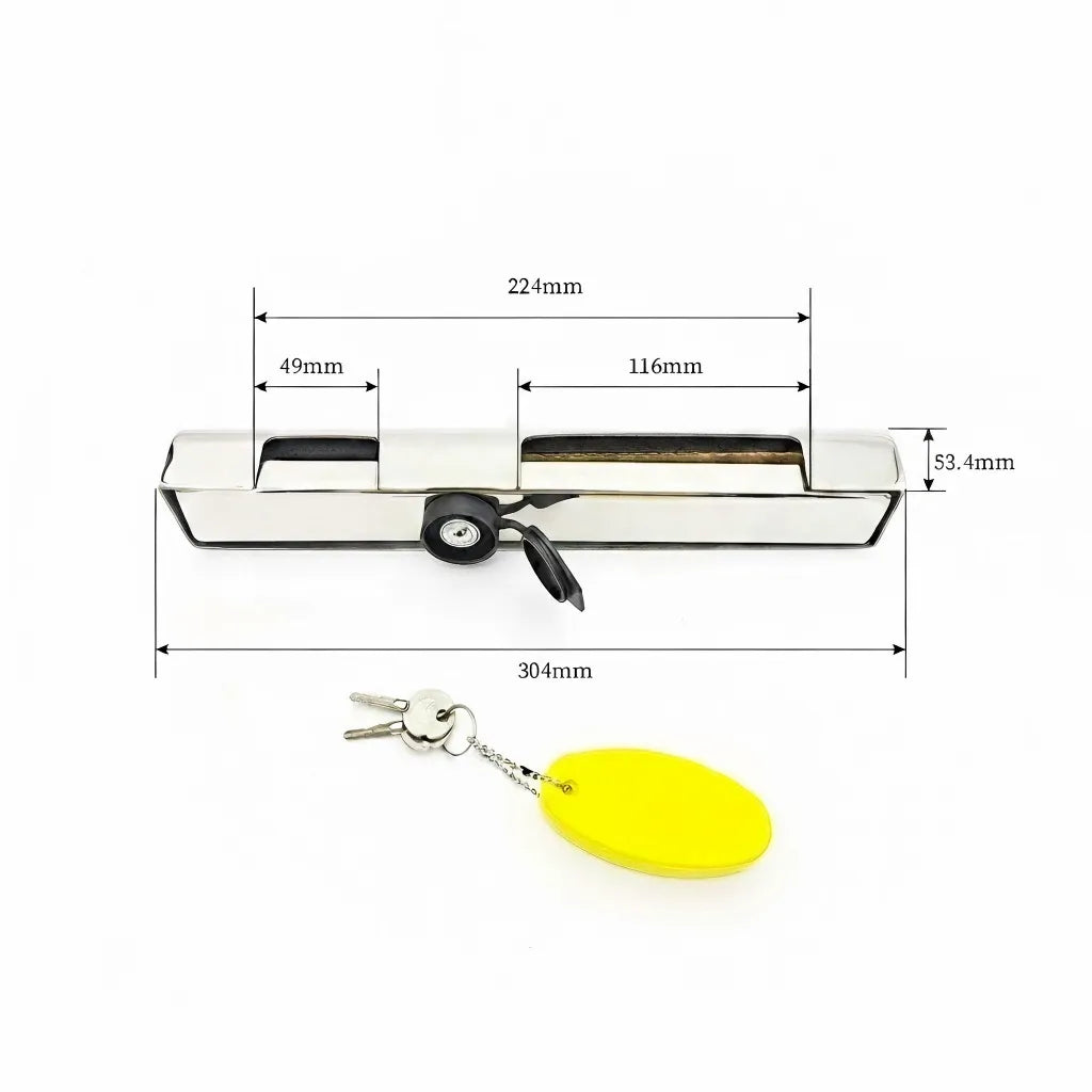 Dimensional diagram showing the outboard lock total length of 304mm, 53.4mm height, and adjustable slot measurements of 49mm to 116mm.