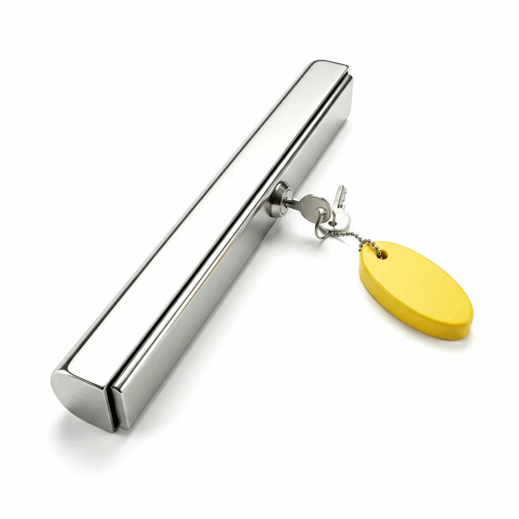 High-angle shot of a brushed 304 stainless steel outboard motor lock with internal rubber padding and two keys on a yellow buoyant float.