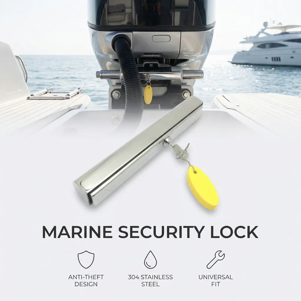 Feature icons for anti-theft design, 304 stainless steel material, and universal fit compatibility for boat motors.