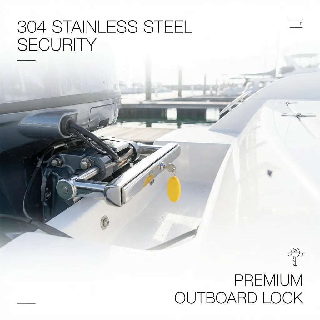 A 12-inch stainless steel security lock installed over the mounting bolts of a boat's outboard motor for theft prevention.