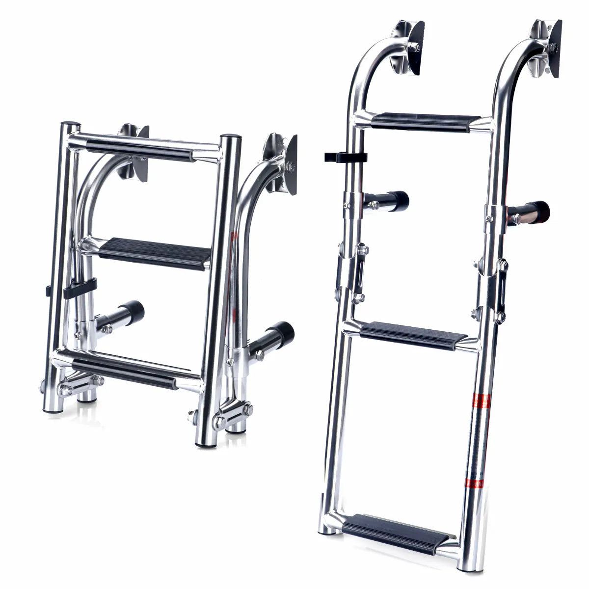 Folded and extended views of a mirror-polished 304 marine-grade stainless steel three-section boat boarding ladder with black anti-slip rubber steps, displayed on a pure white background.