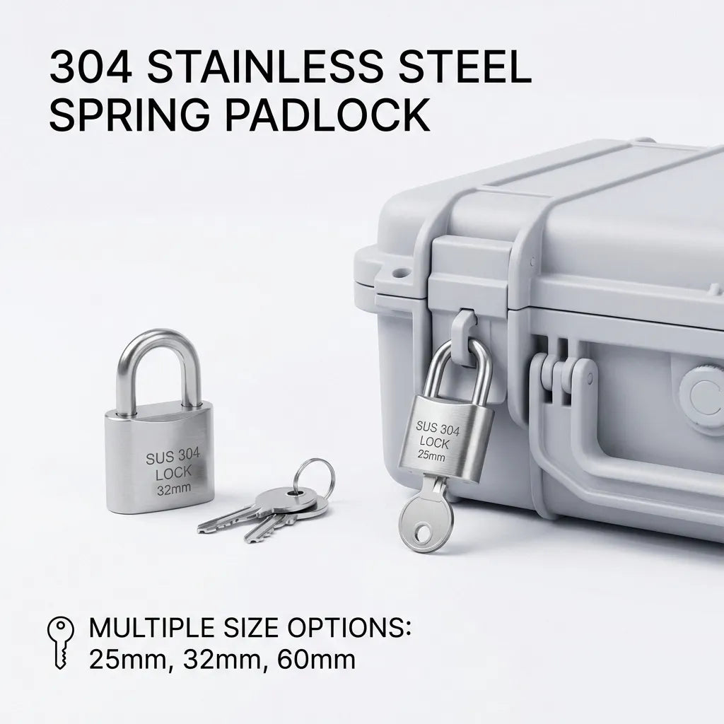 A 25mm SUS 304 spring-loaded padlock securing a grey protective equipment case, highlighting outdoor utility and compact security.