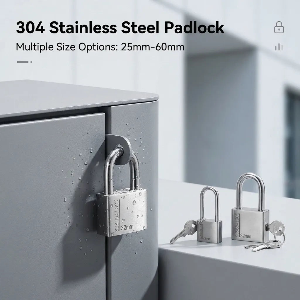A 32mm stainless steel padlock secured to a grey metal enclosure with water droplets on the surface, demonstrating hydrophobic and rustproof properties.