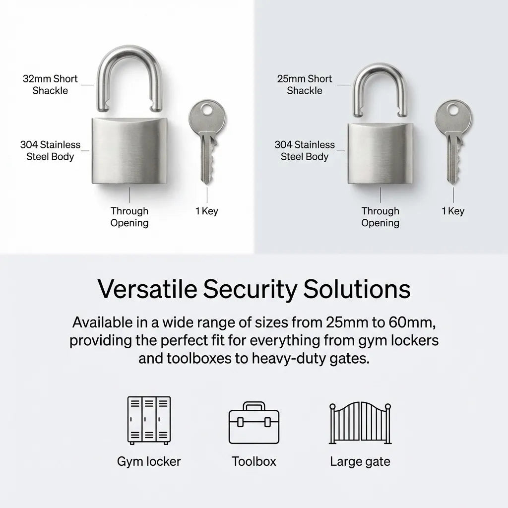 Technical drawing showing shackle dimensions for 32mm and 25mm short shackle variants with gym locker, toolbox, and gate applications.