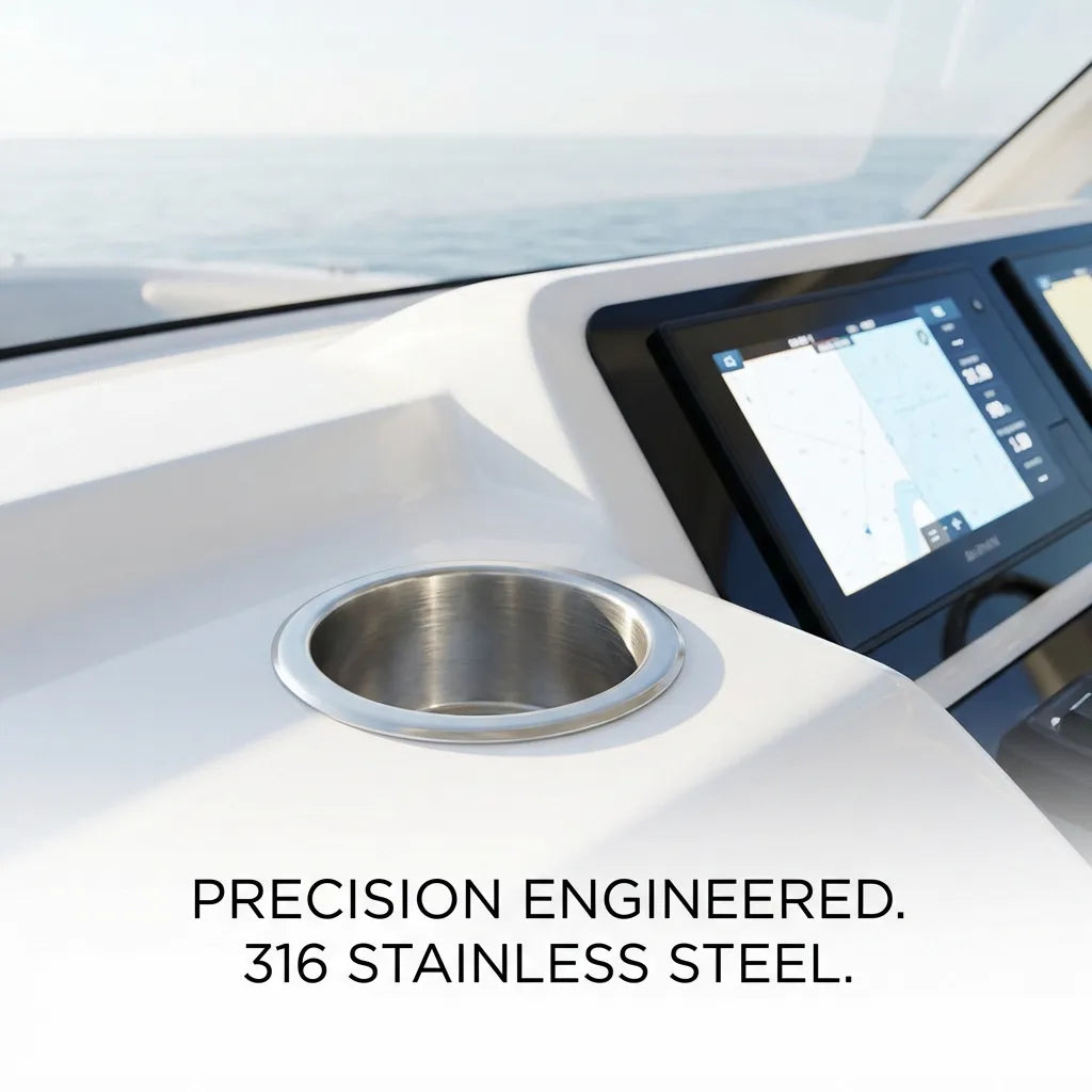 Lifestyle view of the stainless steel cup holder installed in a white fiberglass boat console next to modern GPS marine electronics.