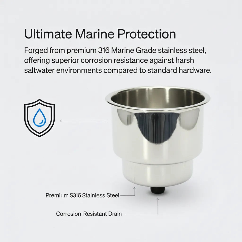 Infographic highlighting 316 marine grade stainless steel construction and the corrosion-resistant bottom drain feature.