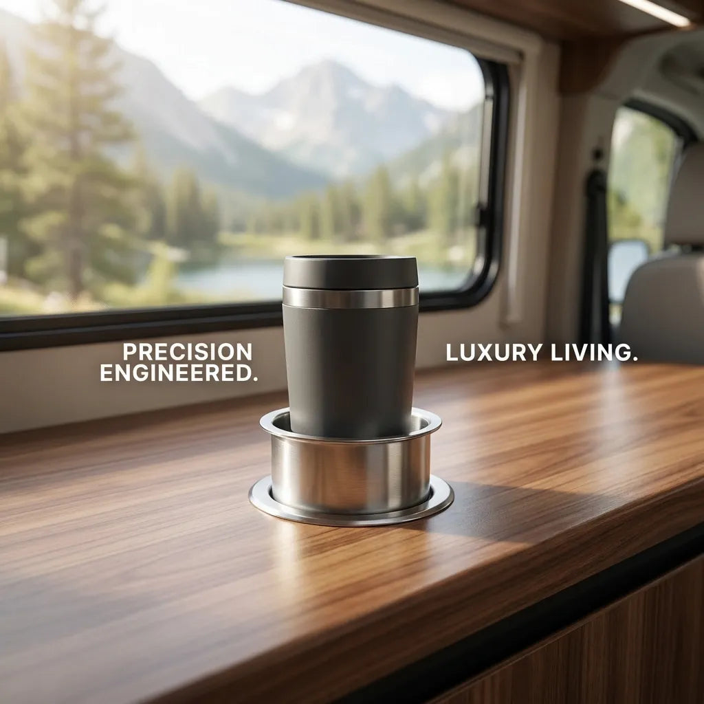 Close-up of the cup holder integrated into a wood-grain RV countertop holding a black thermal mug, demonstrating the luxury interior application.