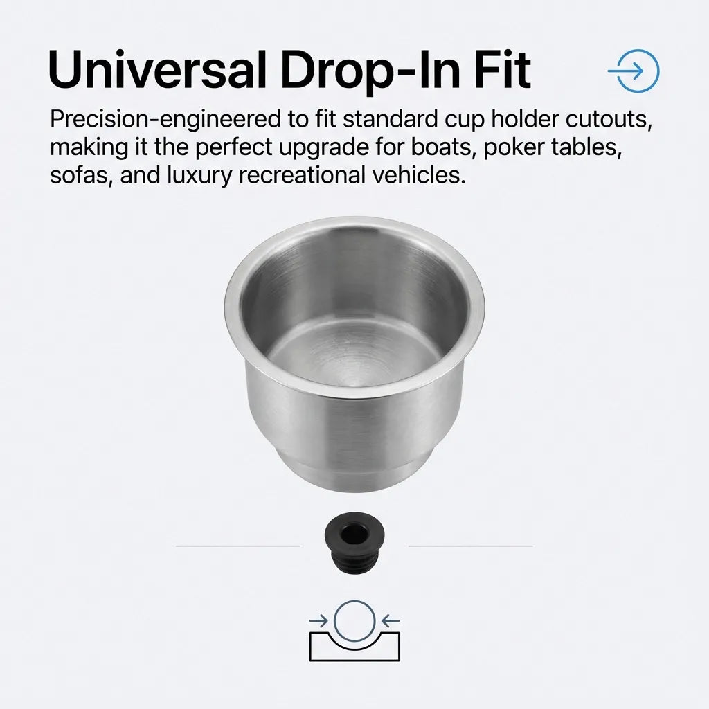 Diagram explaining the universal drop-in fit for boats, poker tables, and RV consoles with a focus on the drain plug component.