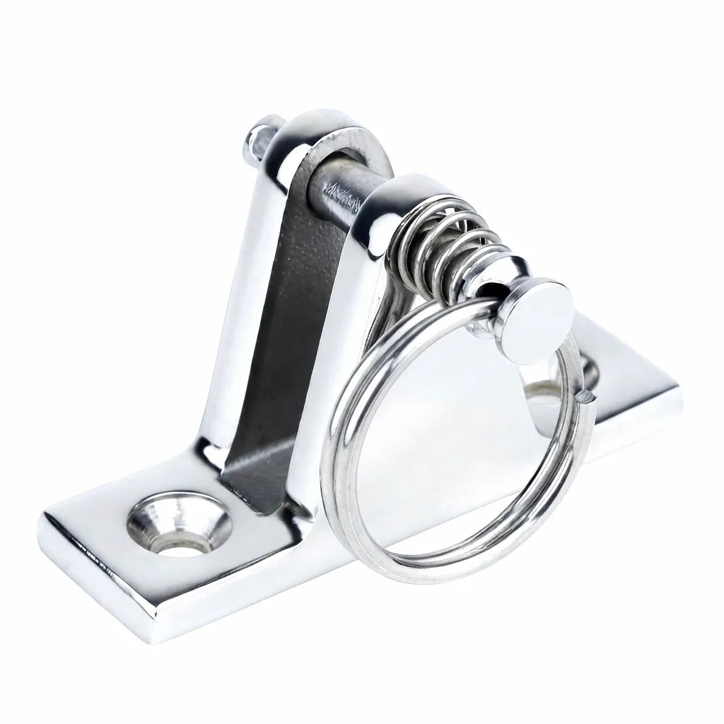 High-polish 316 Marine Stainless Steel Quick-Release Pin Awning Mounting Base with securing ring.