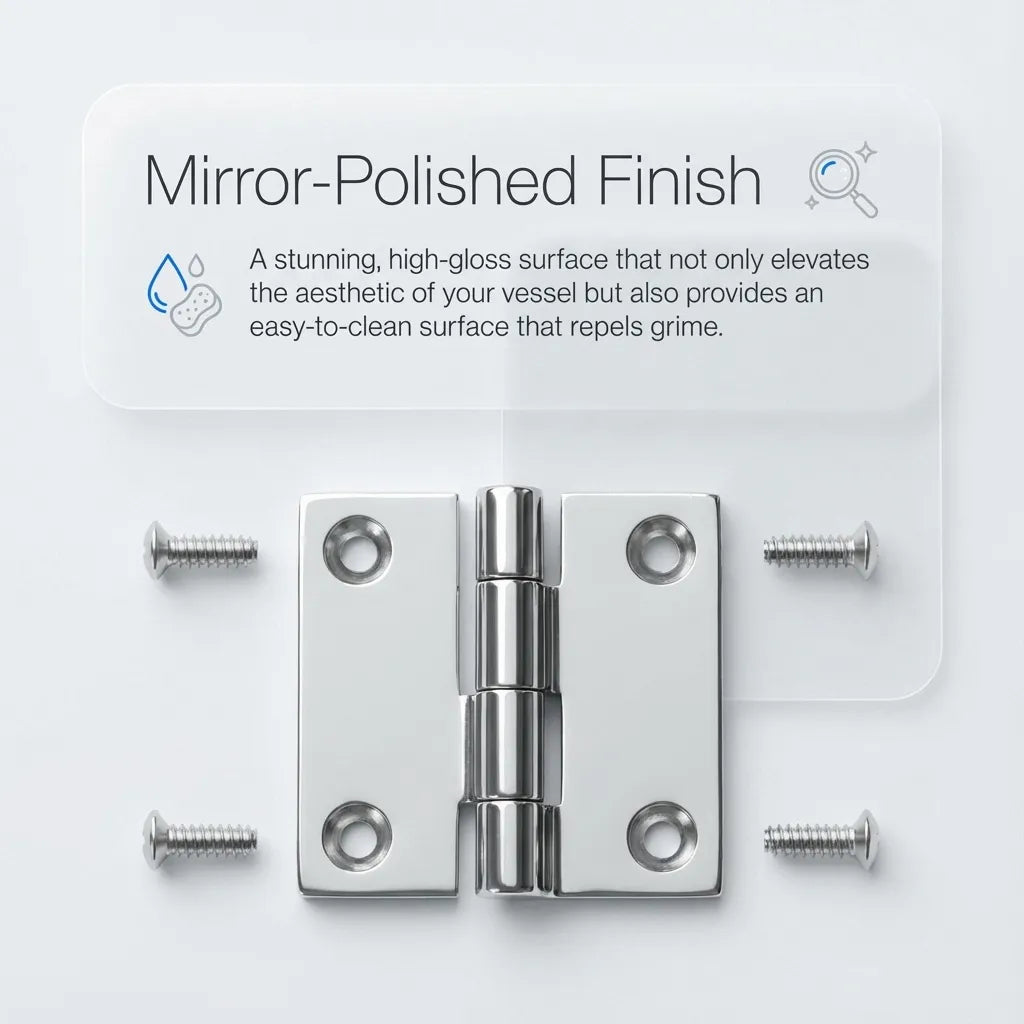 Top view of the mirror-polished hinge with accompanying stainless steel mounting screws laid out symmetrically.