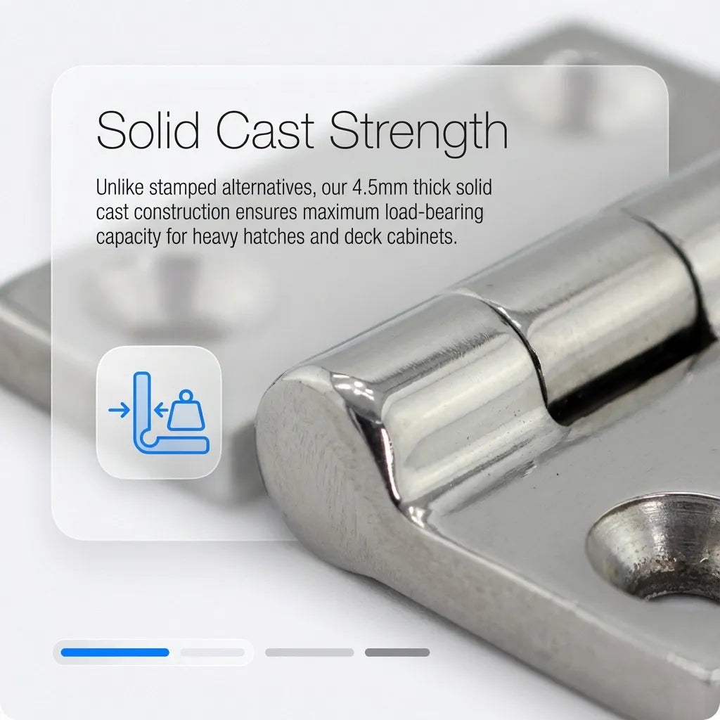 Macro close-up focusing on the 4.5mm thick solid cast construction and the precision pivot pin of the heavy-duty marine hinge.