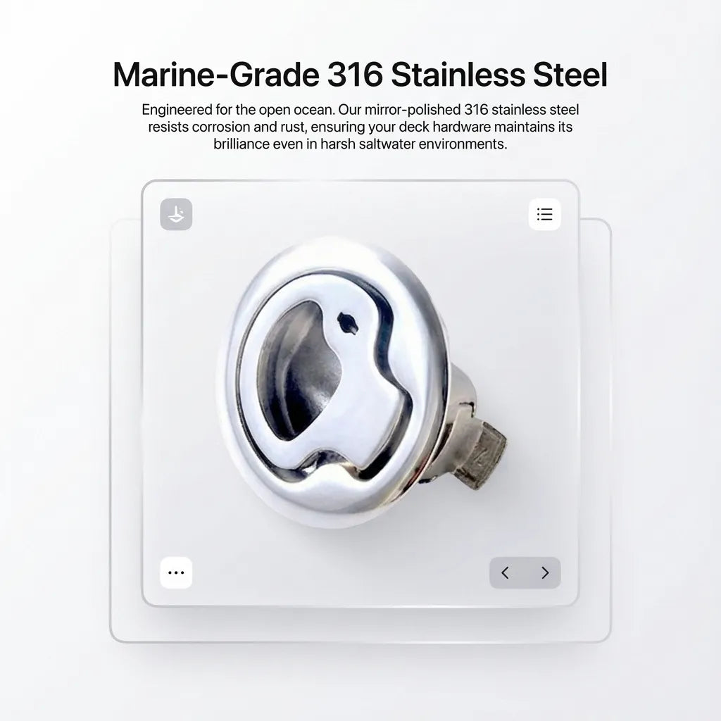 Feature callout highlighting mirror-polished 316 stainless steel engineered for harsh saltwater environment durability.