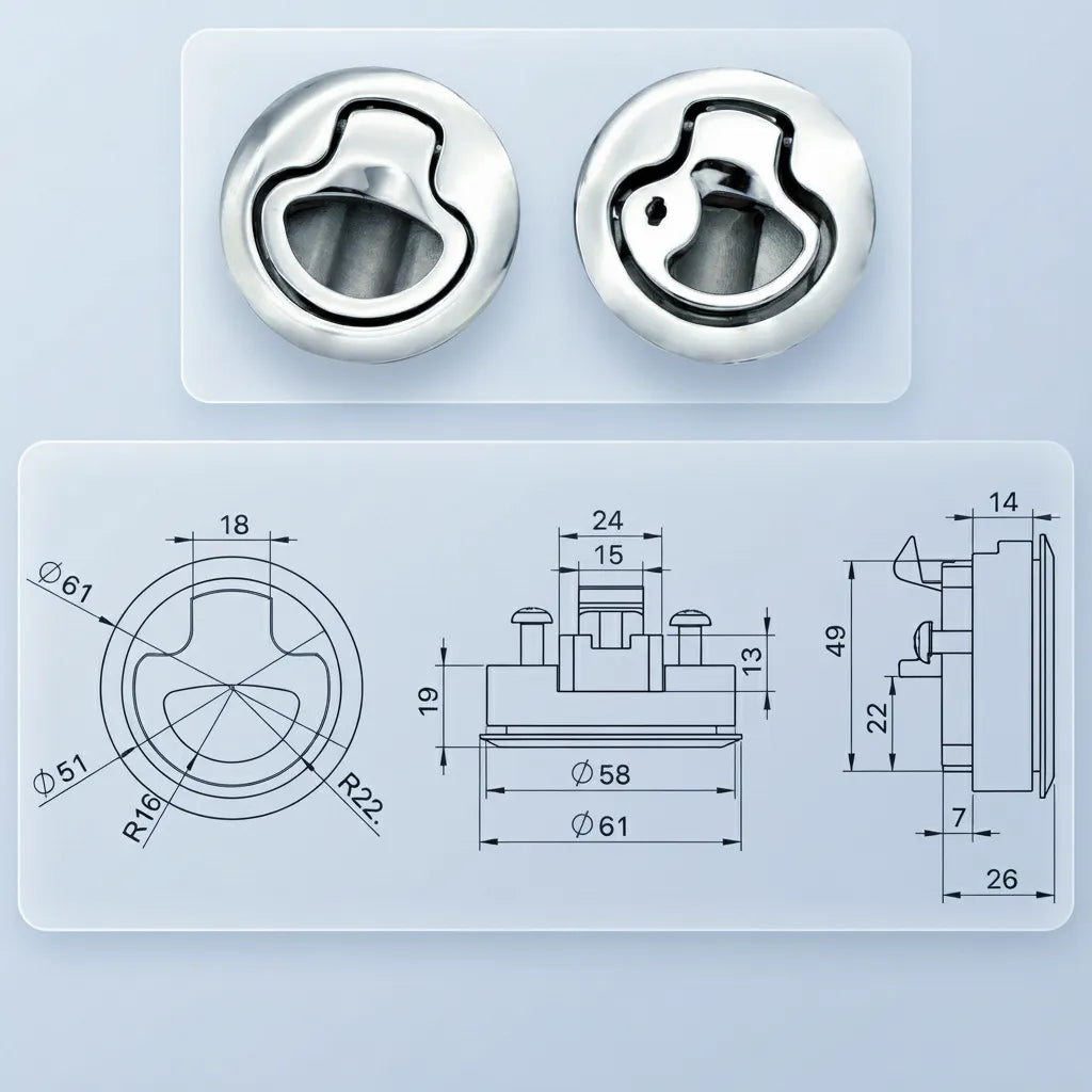 Detailed engineering schematic showing dimensions: 61mm outer diameter, 51mm cutout diameter, and 26mm depth.