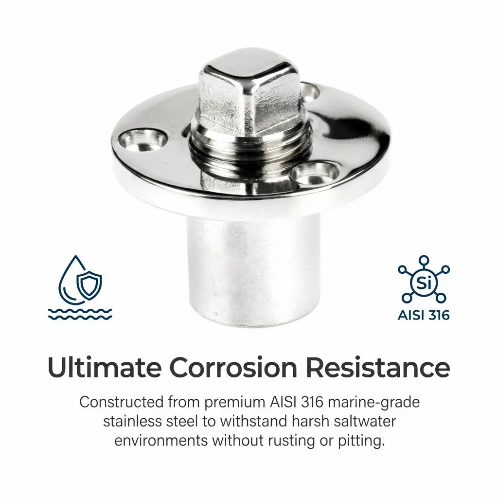 Infographic highlighting the AISI 316 marine-grade stainless steel construction for ultimate corrosion resistance in harsh saltwater environments.