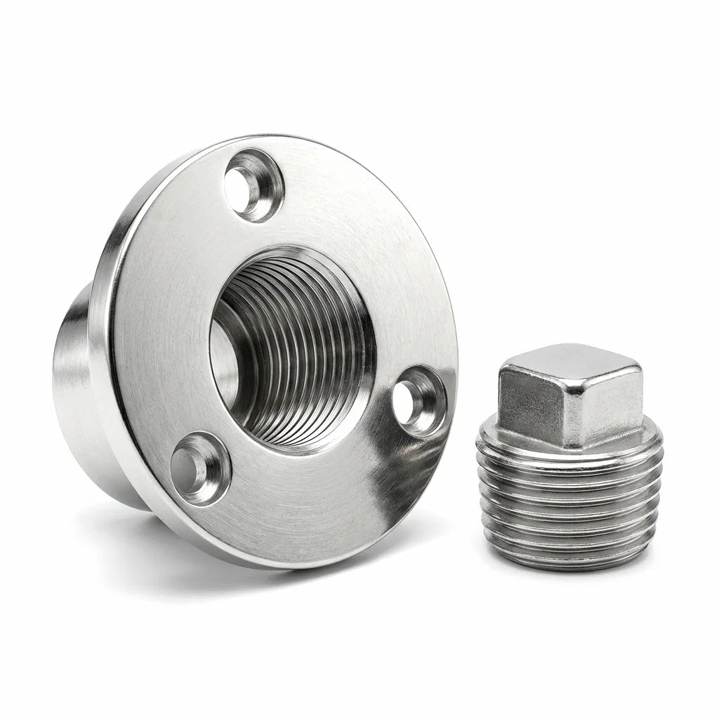 A disassembled two-piece marine garboard drain plug set showcasing the 316 stainless steel housing with three mounting holes and the square-head threaded plug on a white background.
