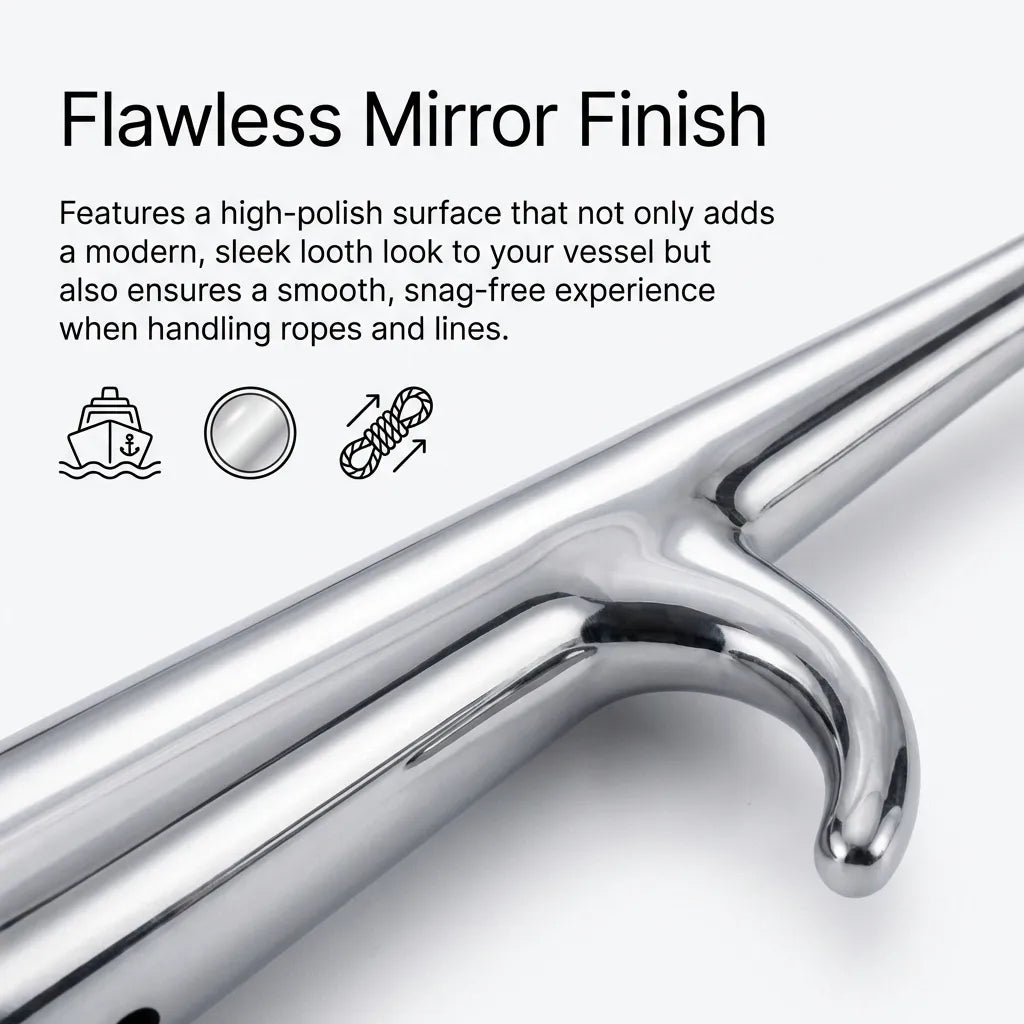 Extreme close-up showing the flawless mirror polish and snag-free surface finish of the 316 stainless steel hook.