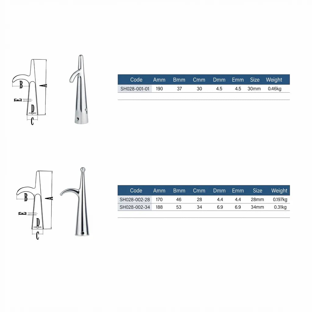 Technical engineering diagram showing precise measurements for height, hook reach, and internal pole diameter for three variants.