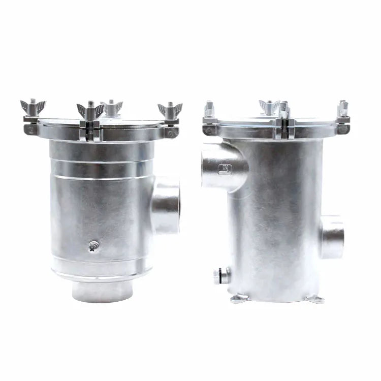 Pair of Marine-Grade 316 Stainless Steel Seawater Filters for engine and generator sets, featuring a brushed finish and easy-access wing nut lids on a pure white background.