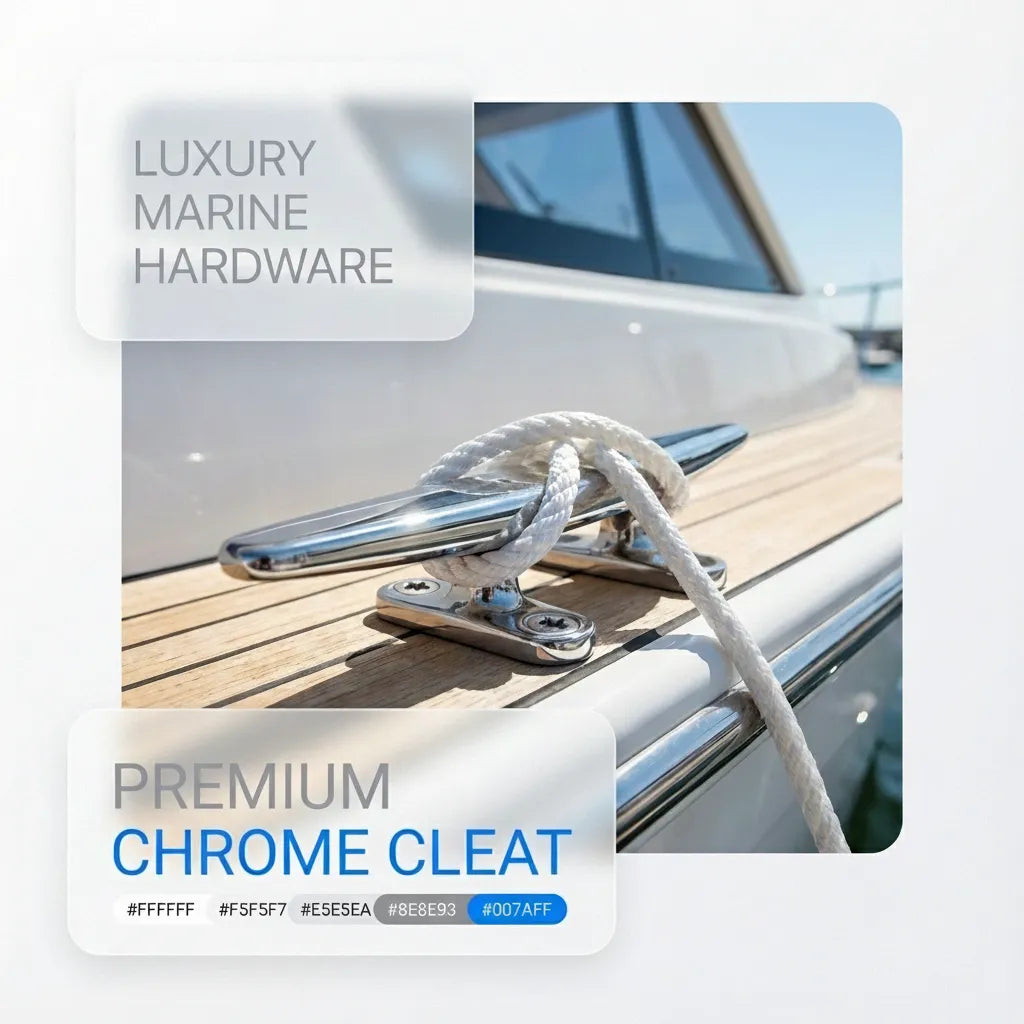 Close-up lifestyle shot of a white braided nylon docking line securely tied around the open base stainless steel cleat on a teak deck.