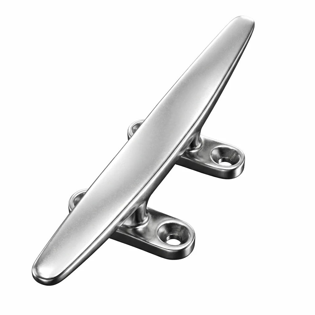 Hero shot of a 316 stainless steel open base boat cleat featuring a high-gloss mirror finish and four countersunk mounting holes on a white background.