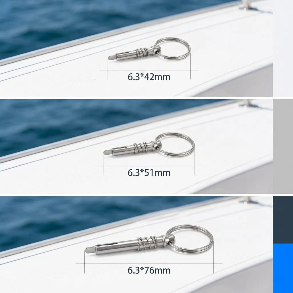 Three sizes of marine quick release pins displayed on a boat deck illustrating their use in nautical hardware and rigging.