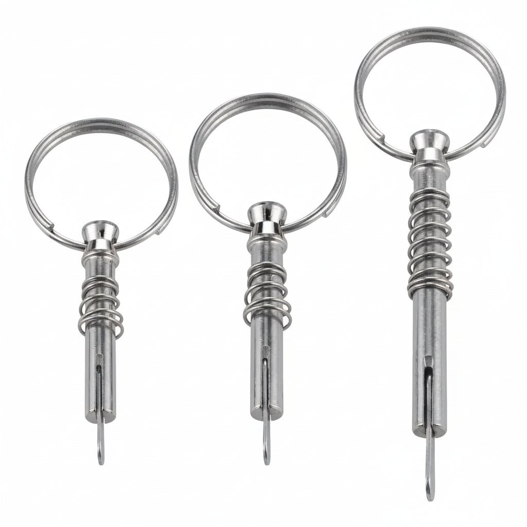 Professional set of three 316 marine grade stainless steel quick release pins with drop cam and spring mechanism, 1/4 inch diameter.