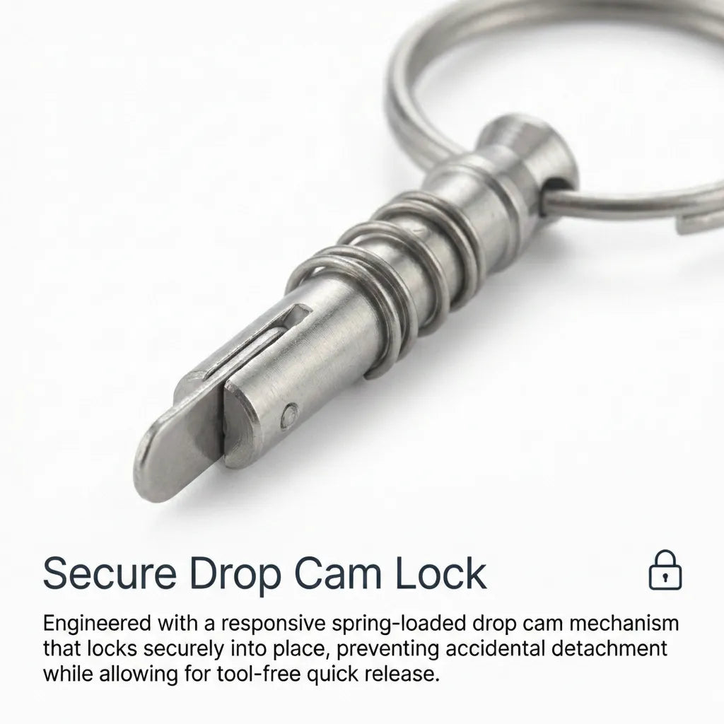 Detailed macro view of the secure drop cam lock and high-tension spring-loaded mechanism designed for tool-free quick release.