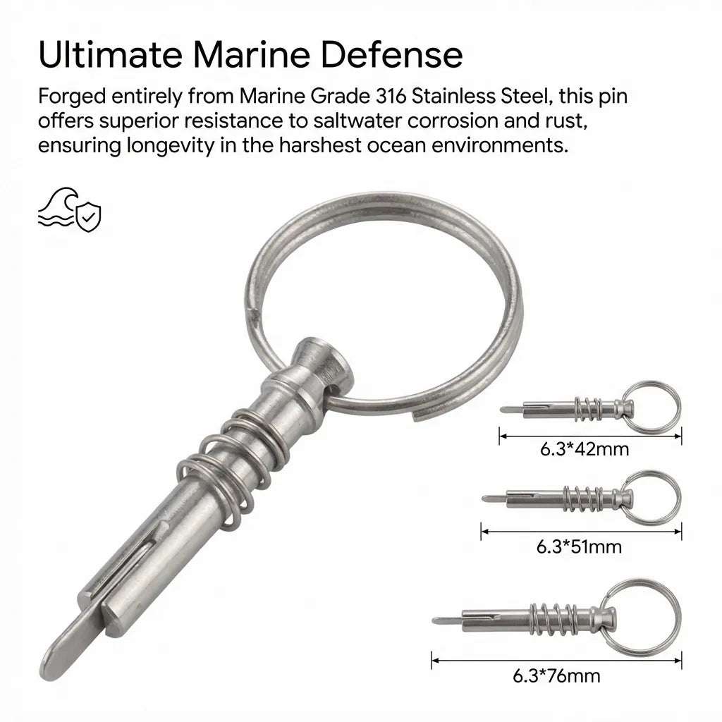 Infographic detailing the 316 stainless steel construction providing superior saltwater corrosion resistance for harsh ocean environments.