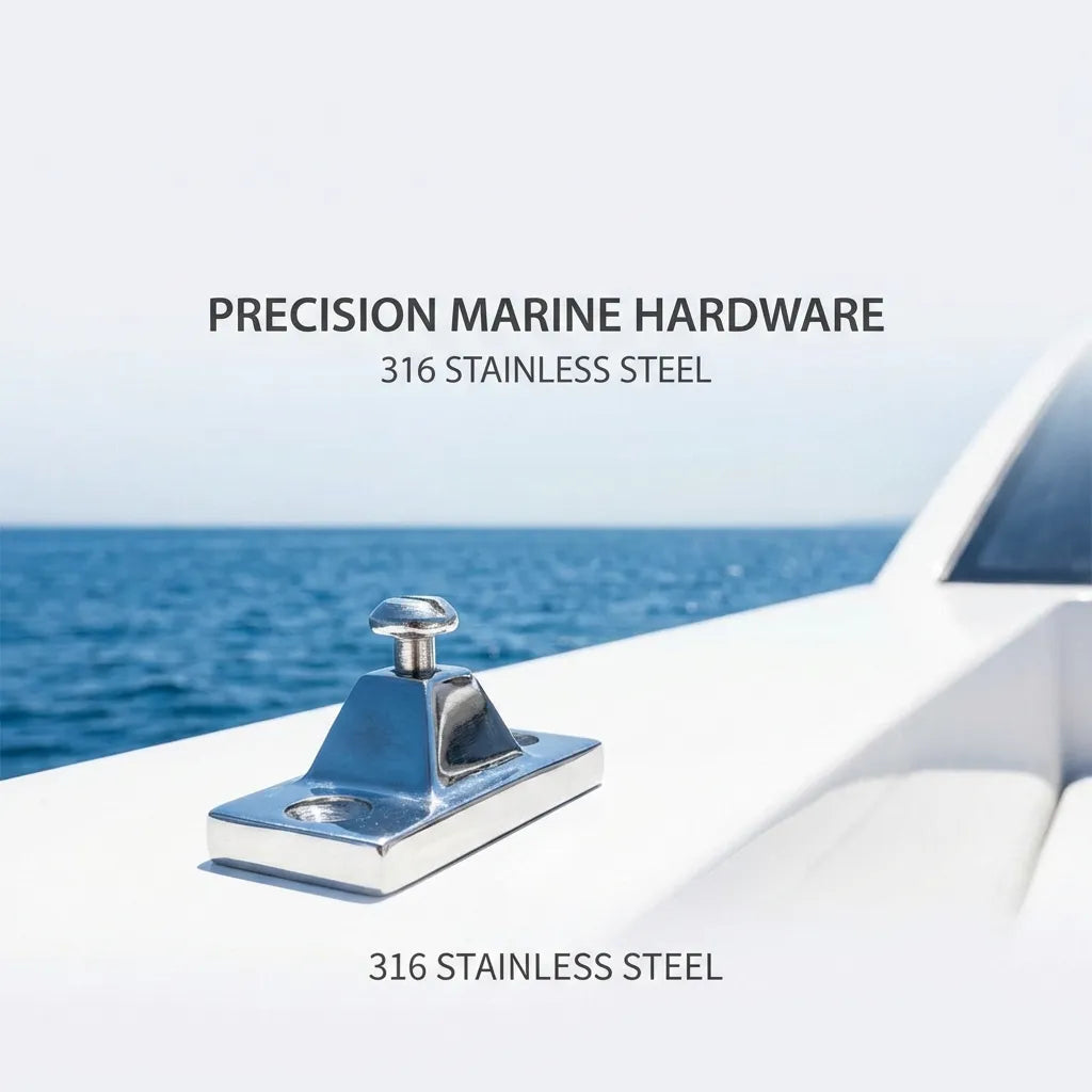 A close-up shot of the stainless steel side mount deck hinge installed on the white fiberglass deck of a boat against a blue ocean backdrop.